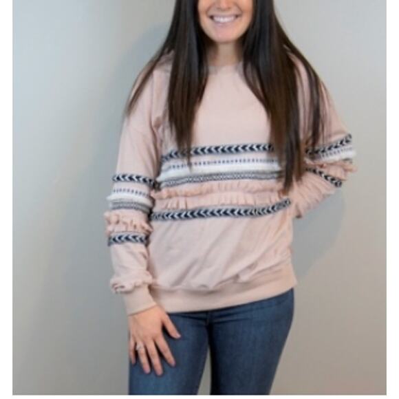 New See and Be Seen Large Pink Blush Ruffle Detail Striped Sweatshirt Crew Neck - Picture 10 of 10